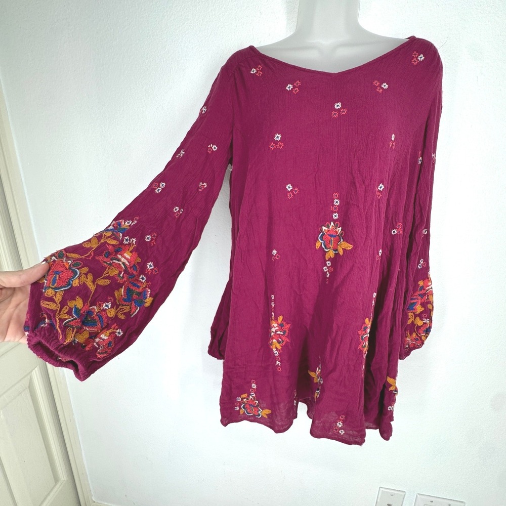 Free People Embroidered Boho Tunic Top Red Folk‎ Open Back Small Balloon Sleeve